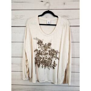 CAbi Women's Ivory Airbrush Brown Floral Long Sleeve Blouse‎ Size M